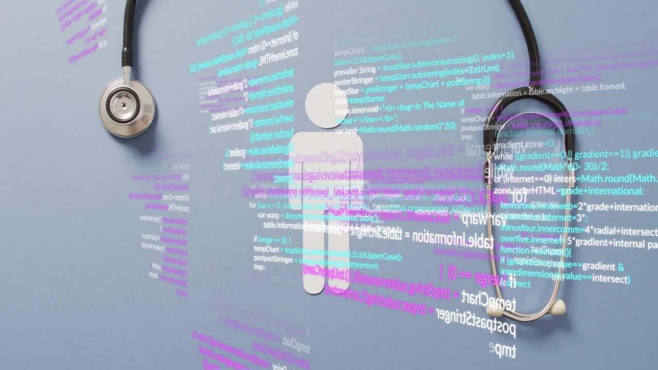 Medical data and coding over animation of stethoscopes and human figure