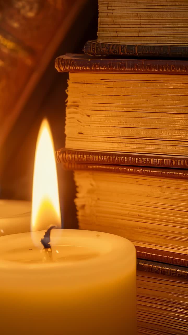 Vertical video: Flickering white candle from start casting glow on desk with books, copy space