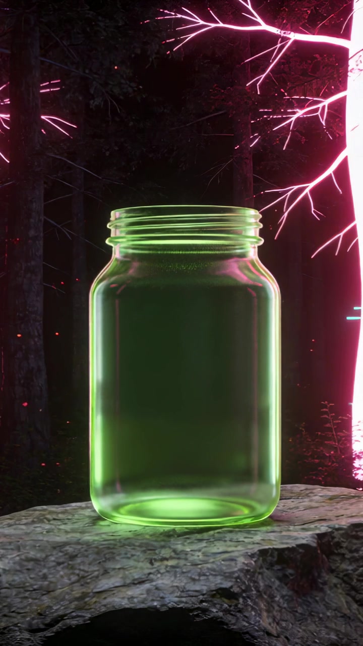 Vídeo vertical: Árvore de néon pulsante projetando luz verde-rosa sobre jarra em laje de rocha, brasas flutuando.