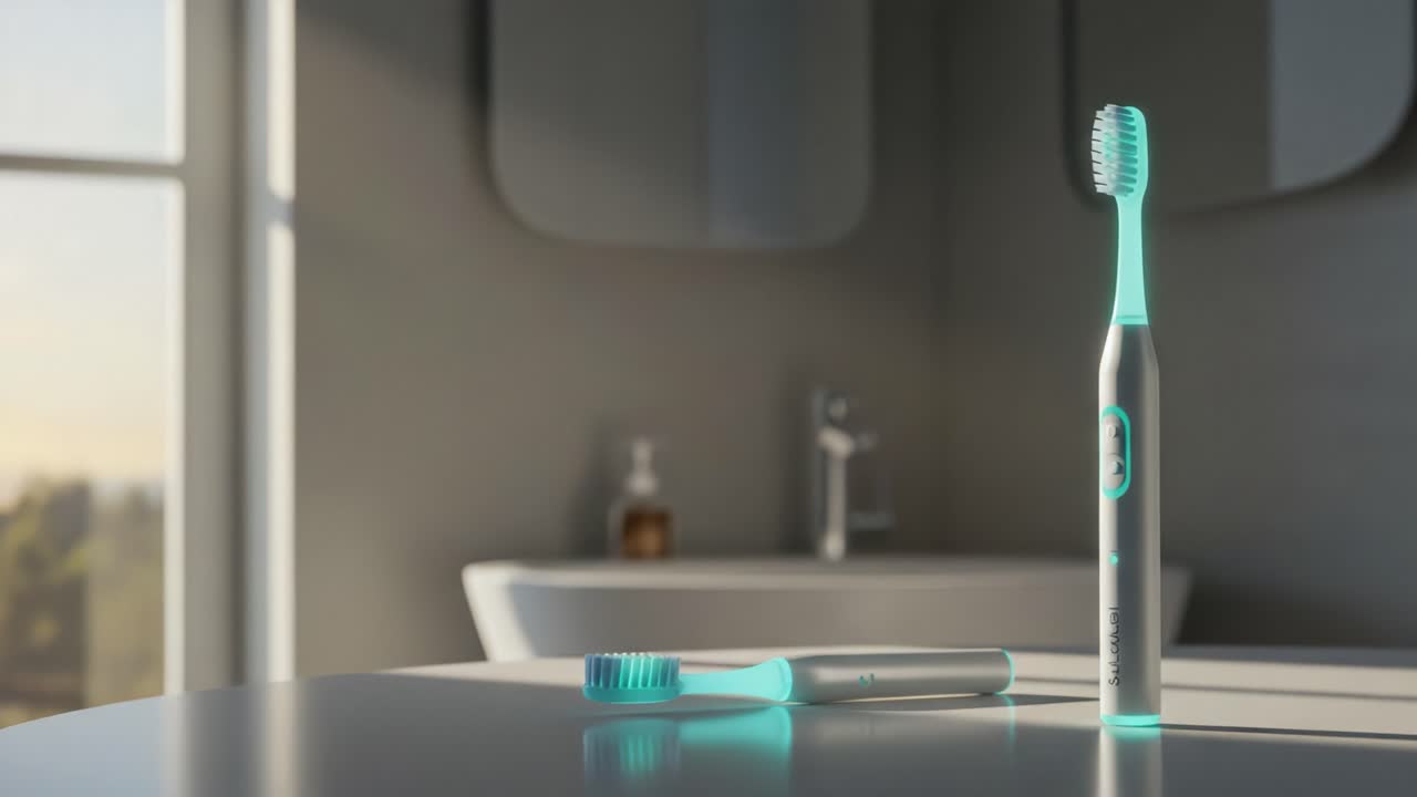 A Sleek Electric Toothbrush Set Against a Modern Bathroom Background, Featuring Innovative Design and Futuristic Aesthetics for Superior Oral Hygiene
