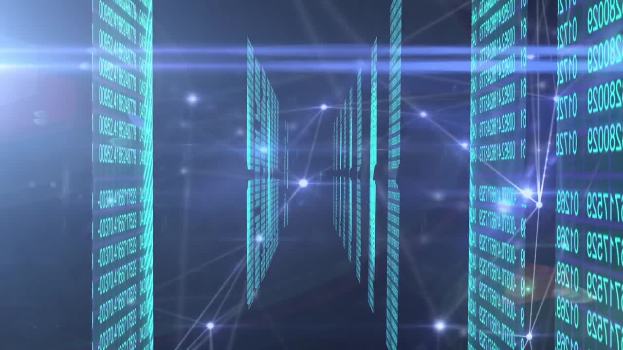 바 그래프에서 바뀌는 이진 코드 사이에서 움직이는 선으로 연결된 조명된 점들의 애니메이션