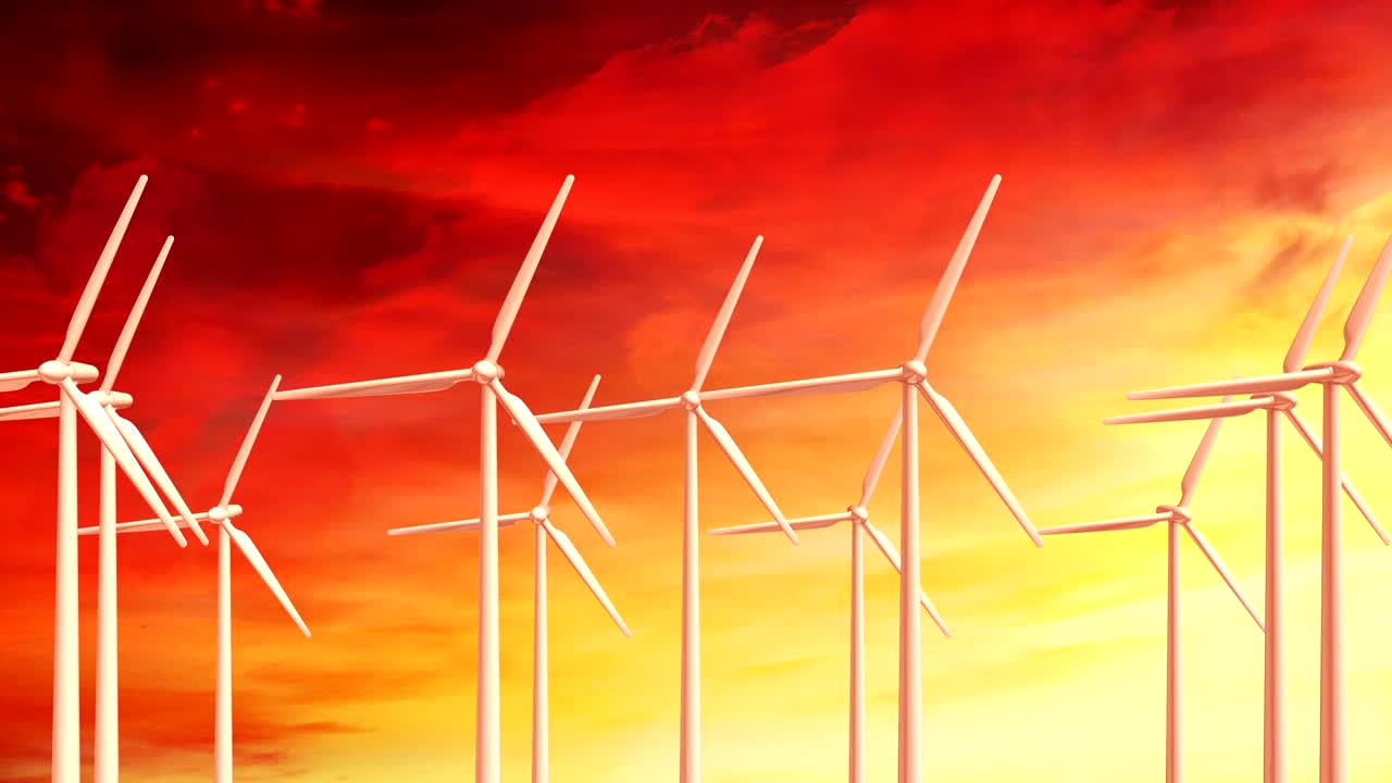 알파 채널과 함께 저녁 하늘을 반대하는 풍력 터빈을 작동 할 수 있습니다. loopable 디지털 3d 애니메이션.