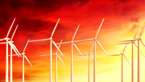 working wind turbines against the evening sky with alpha channel. loopable digital 3d animation.
