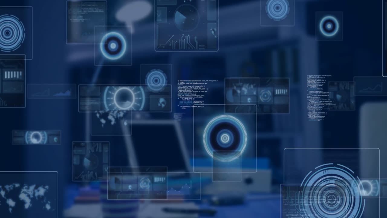 Animation of data processing over empty office