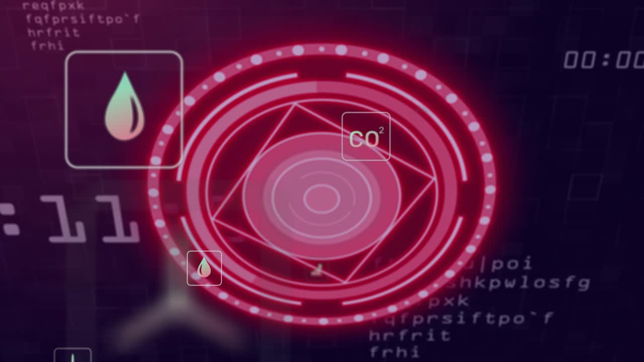 Glowing red HUD rotating, pulsing; left label counting, causing icons sliding, highlighting water