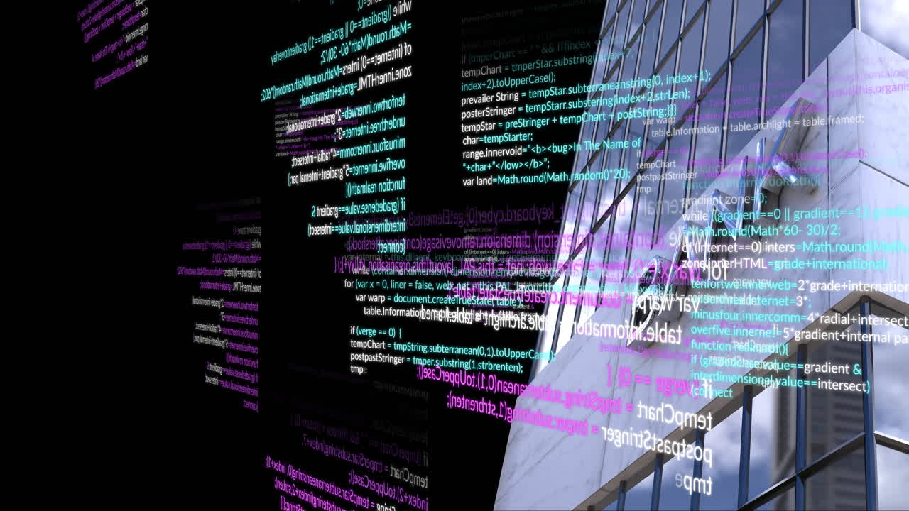 animación del procesamiento de datos financieros sobre el edificio bancario