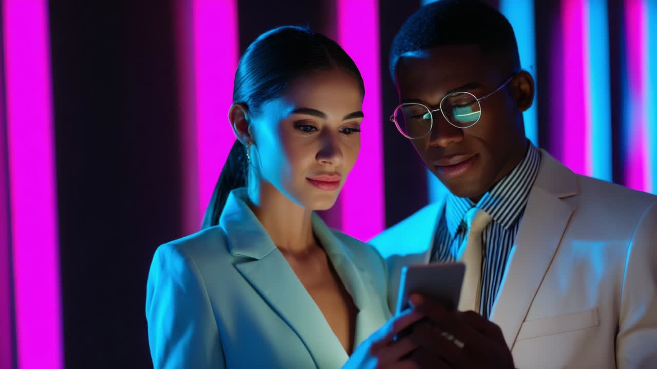 A Stylish Couple Engaging with Technology Under Vibrant Neon Lights, Capturing a Moment of Connection and Exploration in a Modern Environment that Emphasizes Fashion and Contemporary Vibes