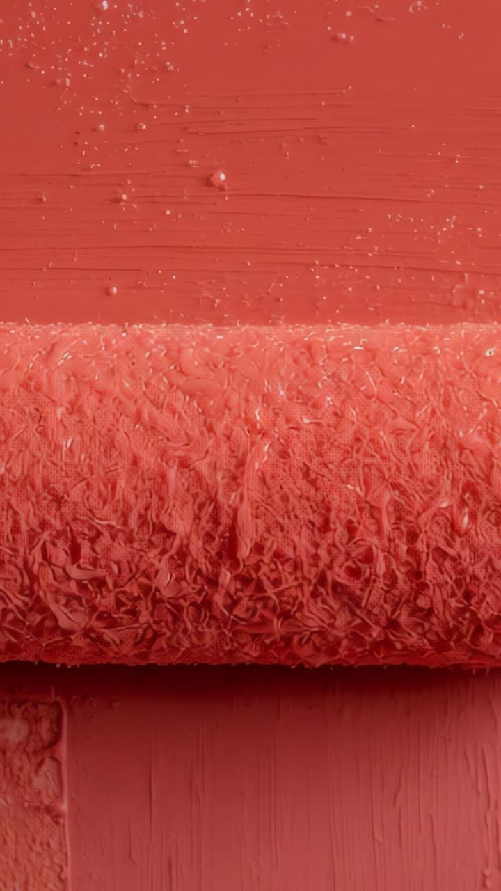 Vertical video: Touching panel, paint roller coating red paint upward in shop, smoothing scratches