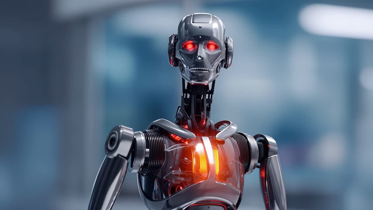Robot umanoide con occhi e petto rossi luminosi che si erge.