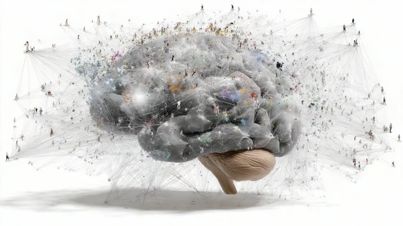A Creative Representation of a Brain Surrounded by a Network of People, Symbolizing Collective Intelligence, Connections, and Human Interaction in a Modern Context