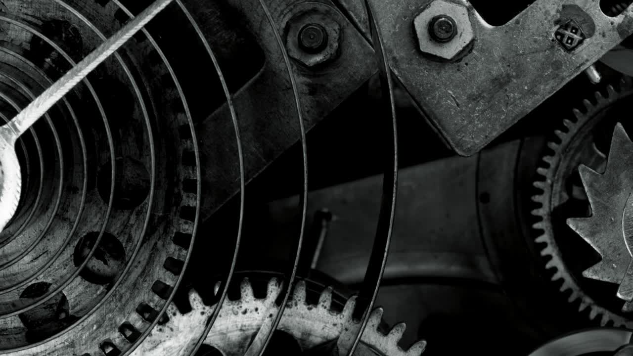 Old vintage watch mechanism working macro black and white 4K