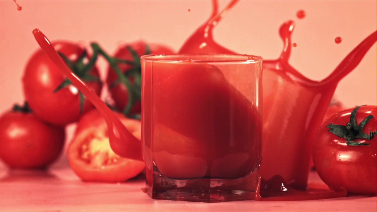 Suco de tomate fresco derramado e espirrando em câmera lenta