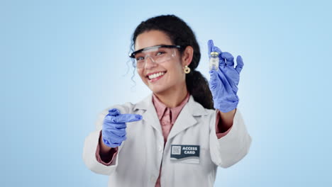 women, scientist and test bottle for vaccine