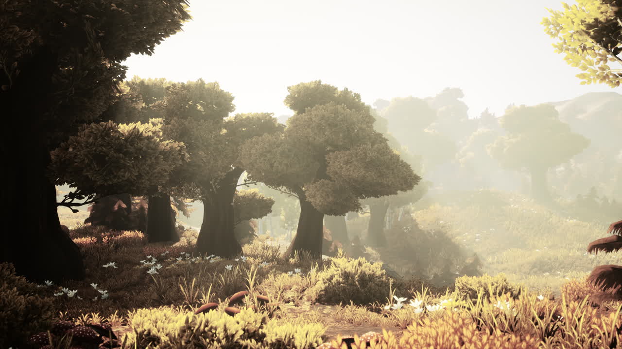 만화의  ⁇ 빛이 나무들을 가로질러 흐르고 있습니다.