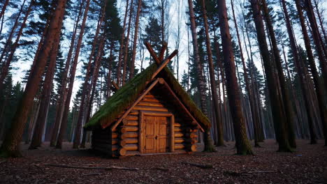 cabaña de madera rústica en un denso bosque al atardecer