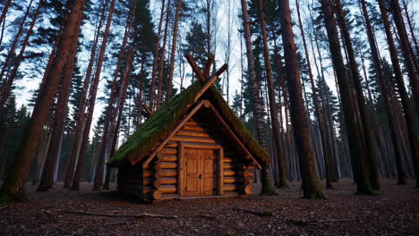 rustic log cabin in a dense forest at sunset