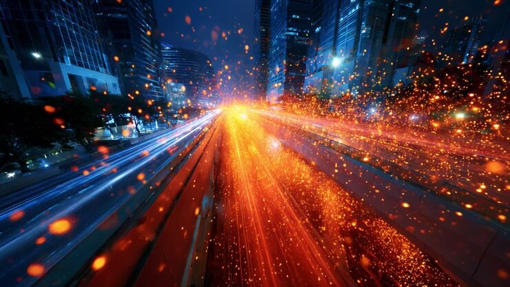 Paesaggio urbano notturno dinamico: una straordinaria esposizione di scie luminose e particelle scintillanti catturate in due fotogrammi, che mostrano l'energia urbana e il movimento in una metropoli vivace