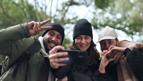 friends, happy or hikers taking a selfie