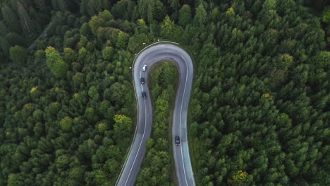 Coches-Circulando-En-Curva-Cerrada-En-Un-Paso-De-Montaña-Con-Un-Bosque-Frondoso-En-Rumania---Esquina-Cerrada