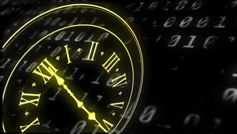 animation of clock, binary coding and financial data processing