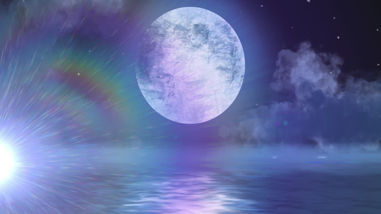 파란색 배경에 빛나는 점, 별 및 구름과 함께 지구 행성의 애니메이션