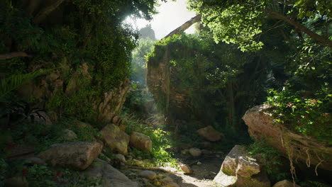 overgrown ruins in a lush jungle