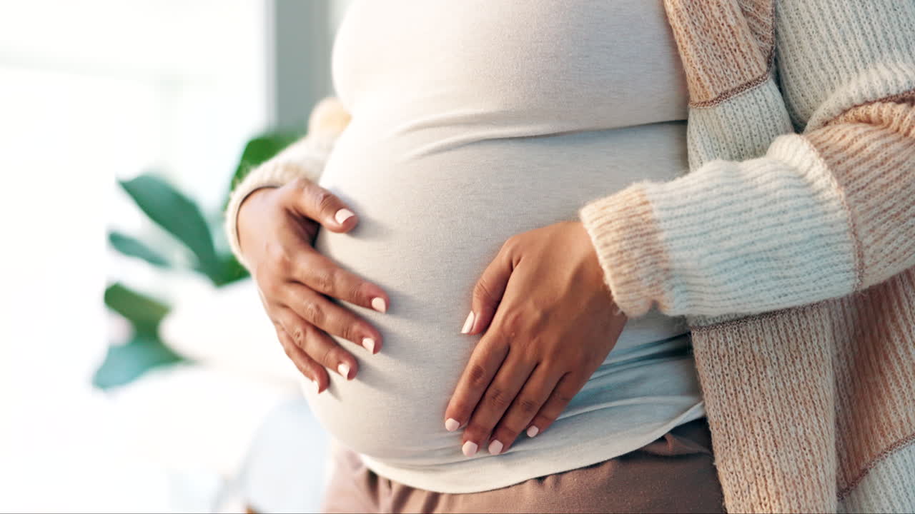 Pregnant, woman and hands touching stomach
