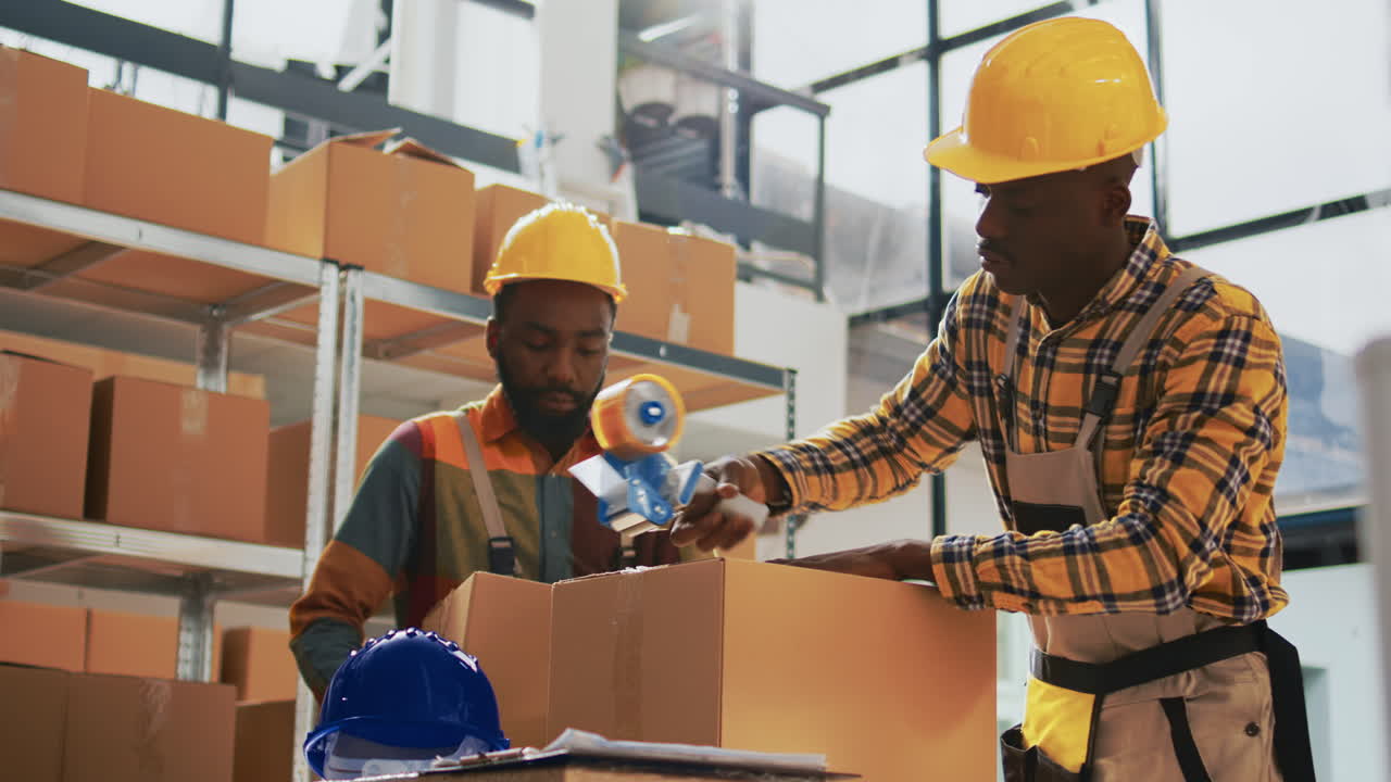 Employés d’entrepôt emballant des cartons pour l’expédition