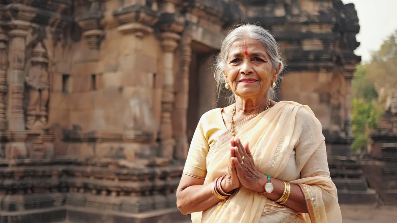 Portrait of a peaceful senior indian woman with grey hair wearing traditional clothing with joined hands in front of an ancient temple, expressing spirituality and devotion