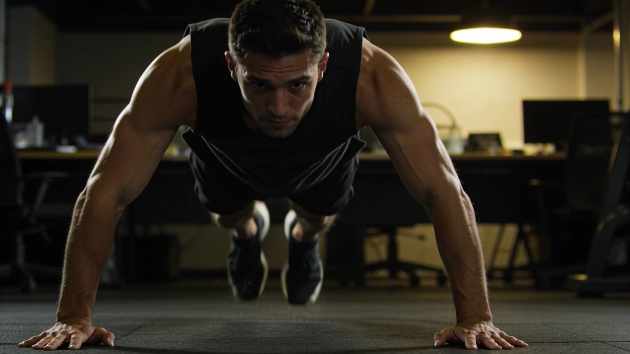 Doing explosive push-ups man launching from plank at office with monitor, training in black shirt