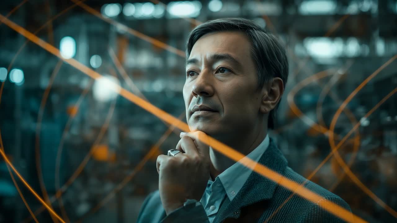 Man in jacket raising hand to chin, following orange light strands, studying display, showing watch