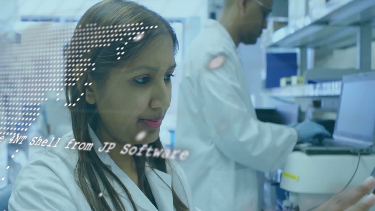 In laboratory, scientists working with digital data overlay in animated scene