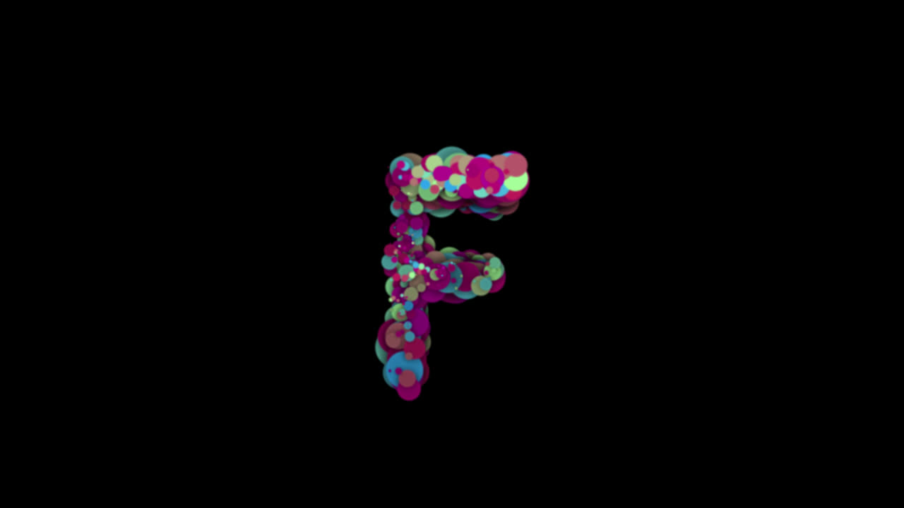 Bolle di particelle colorate che formano la lettera F su sfondo trasparente
