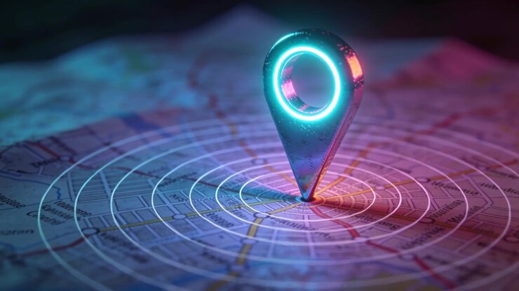 Pulsing teardrop pin projecting rings across map, marking chosen crossing with cyan magenta glow