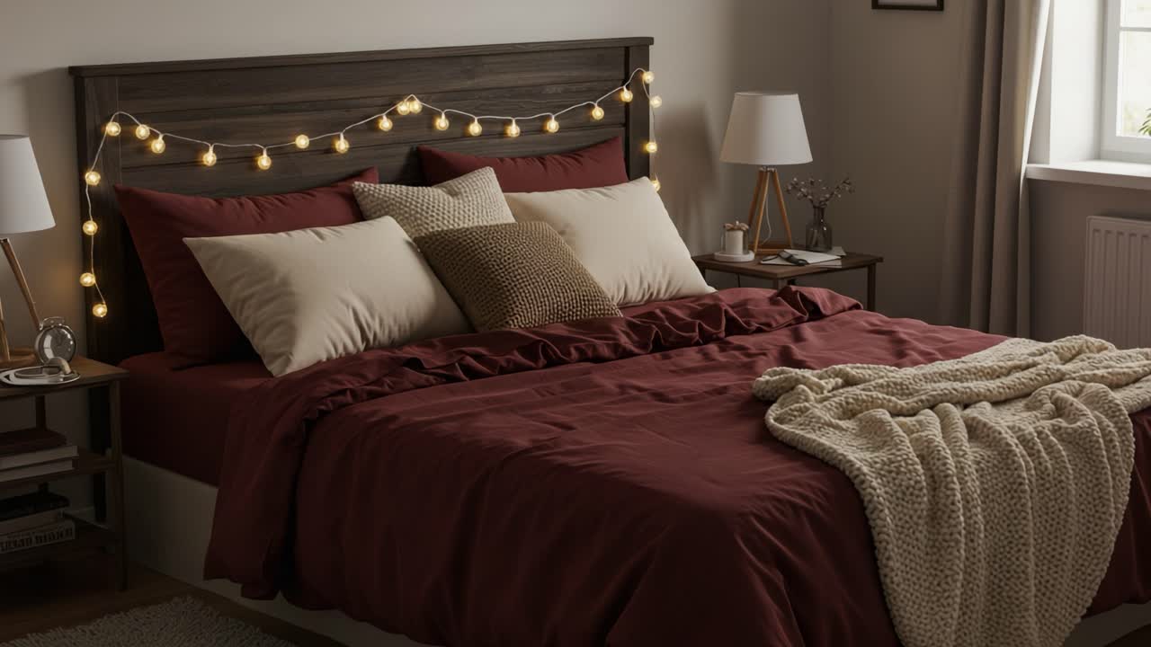 Cozy Bedroom with Red Bedding and String Lights