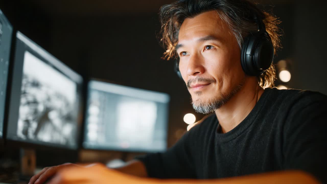 Focused male individual immersed in a creative task, wearing headphones while working diligently in a dimly-lit room with multiple computer screens displaying digital content, showcasing a blend of concentration and creativity