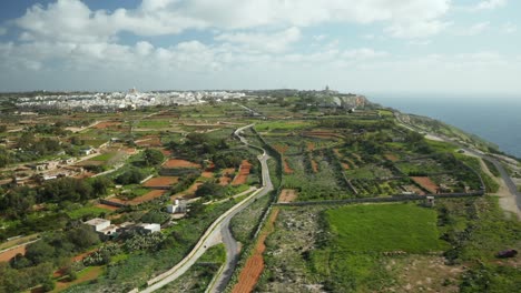 Antena:-Paisaje-Verdoso-En-Los-Acantilados-De-Dingli-Durante-El-Invierno-Con-Tierras-De-Cultivo-Y-Ciudad-En-Segundo-Plano