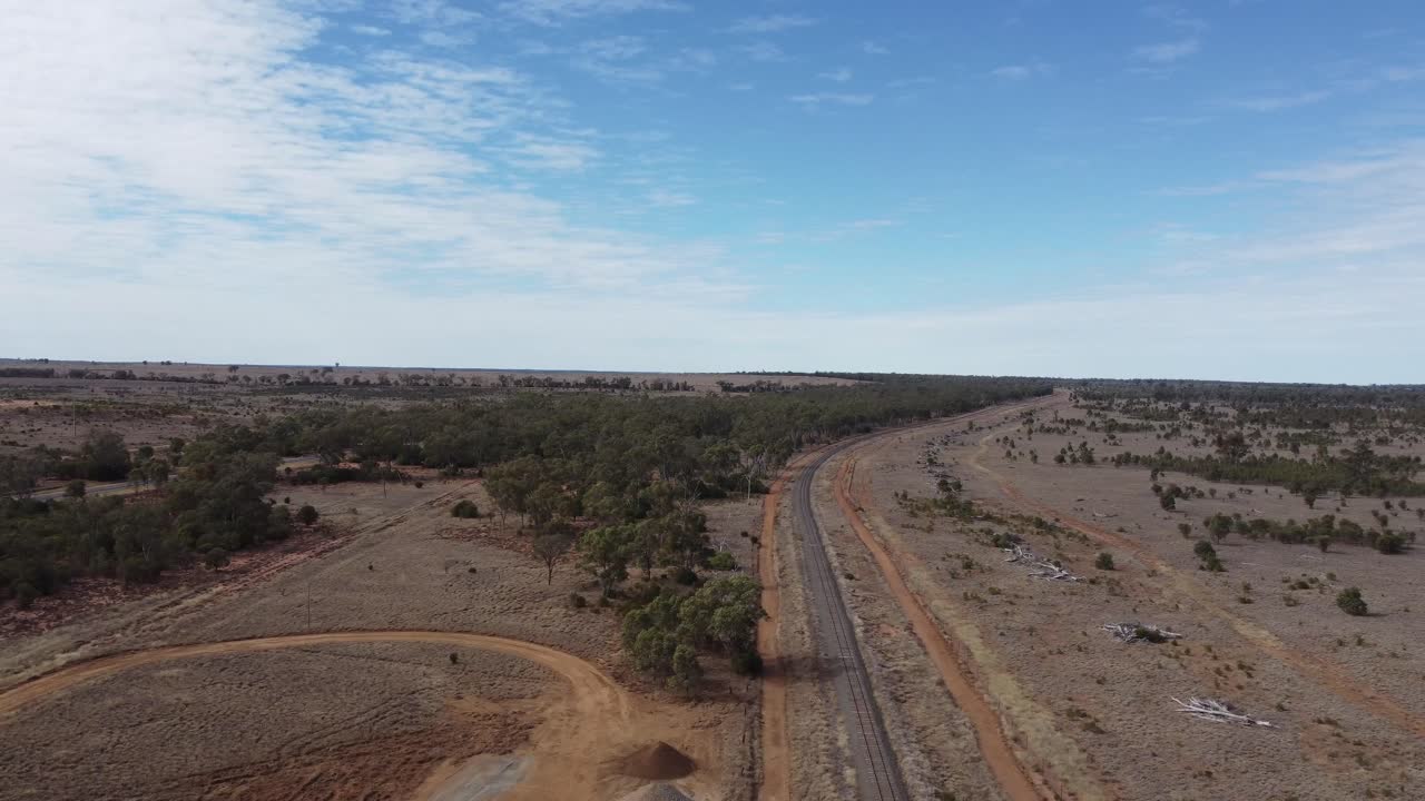 avión no tripulado volando sobre carreteras no selladas y una línea ferroviaria en un paisaje de estilo desierto