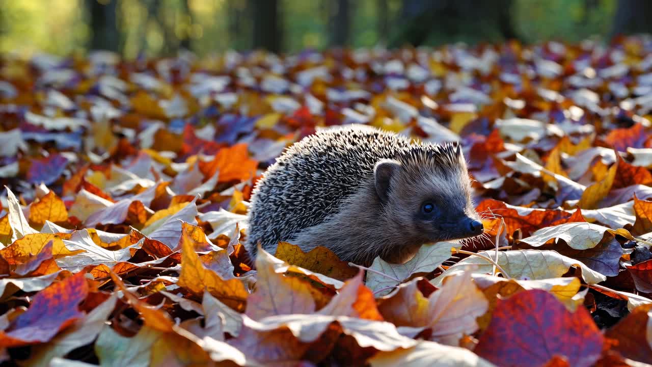 Ein Igel, der sich in leuchtendem Herbstlaub kuschelt, auf Augenhöhe aufgenommen