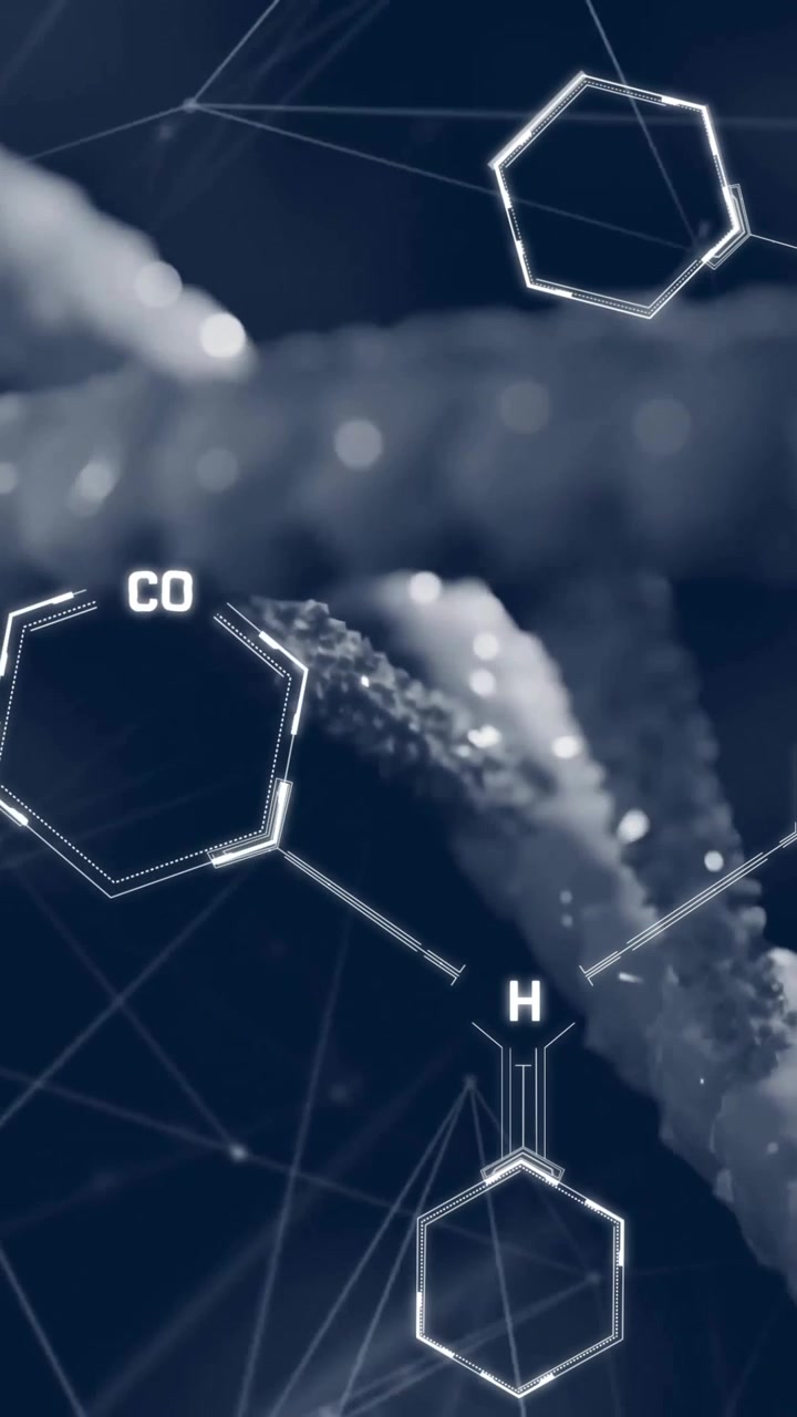 Animazione di rete di connessioni su filamento di DNA e formula chimica
