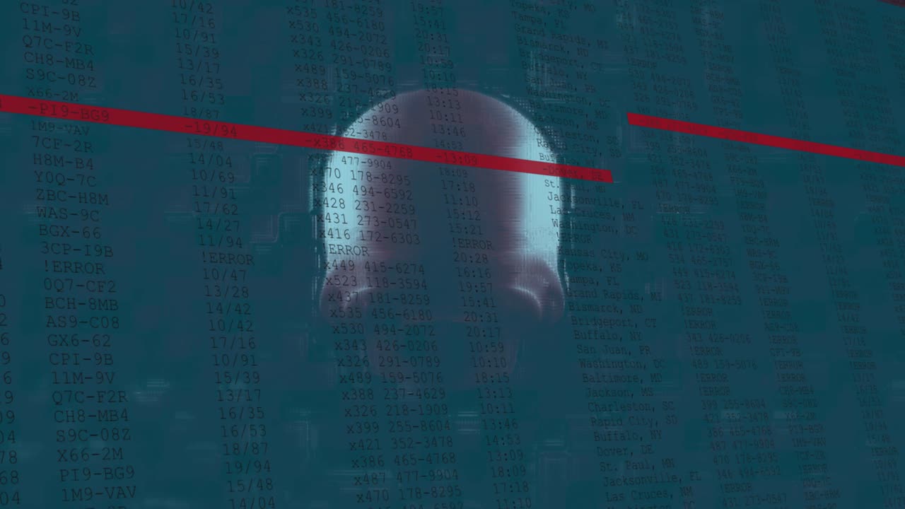 animación de la interfaz con datos digitales que se mueven rápidamente sobre el cráneo humano giratorio y las líneas rojas