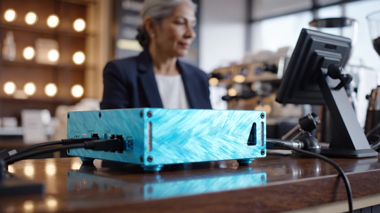 Ein optisch auffälliges blaues Gerät steht prominent auf einer Cafétheke, während eine lächelnde Barista ihrer Arbeit nachgeht und die umgebende Atmosphäre die Szene bereichert.