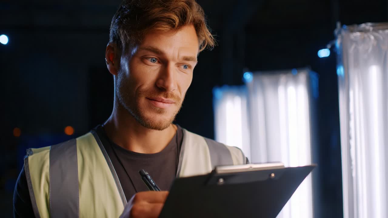 A focused young professional in a reflective moment, contemplating while holding a clipboard, dressed in safety gear, surrounded by illuminated fixtures, conveying a sense of diligence and responsibility