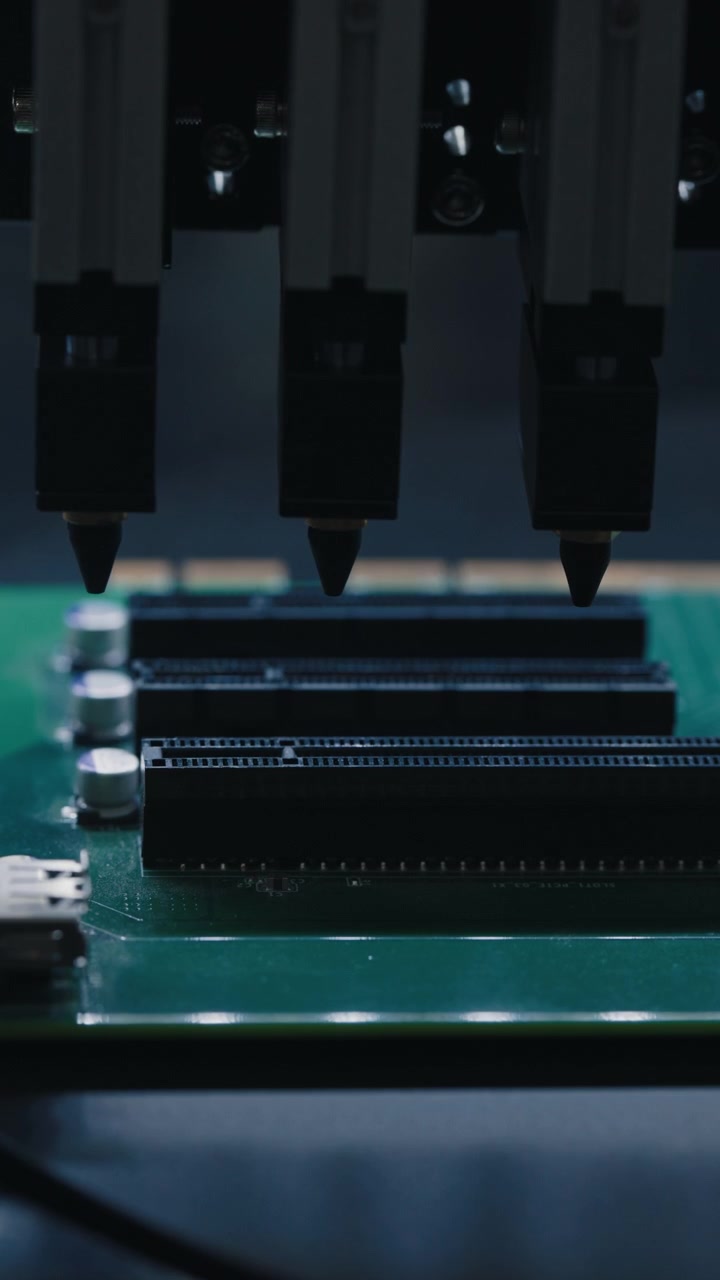 Automated Robotic Arm Testing Printed Circuit Board in Factory