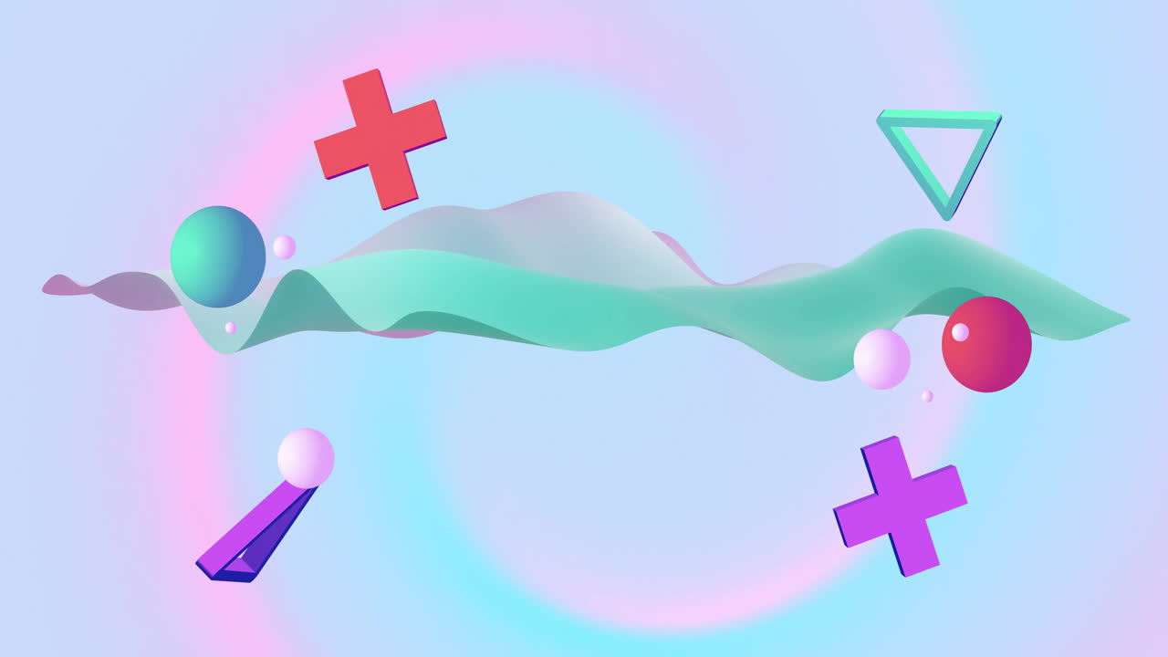 Animation of abstract shapes moving over waving multi coloured background
