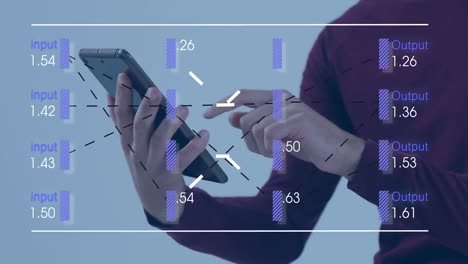 animation of data processing over mid section of a man using digital tablet