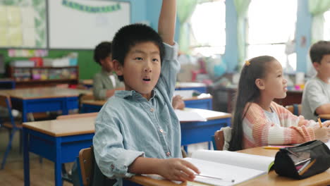 students in a classroom raising hands