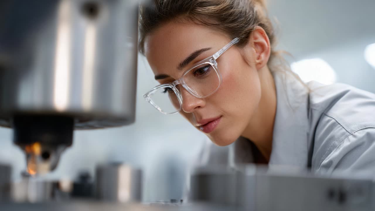 Focused woman in eyewear examining machinery, highlighting the intersection of technology, precision, and innovation in an engineering or manufacturing environment