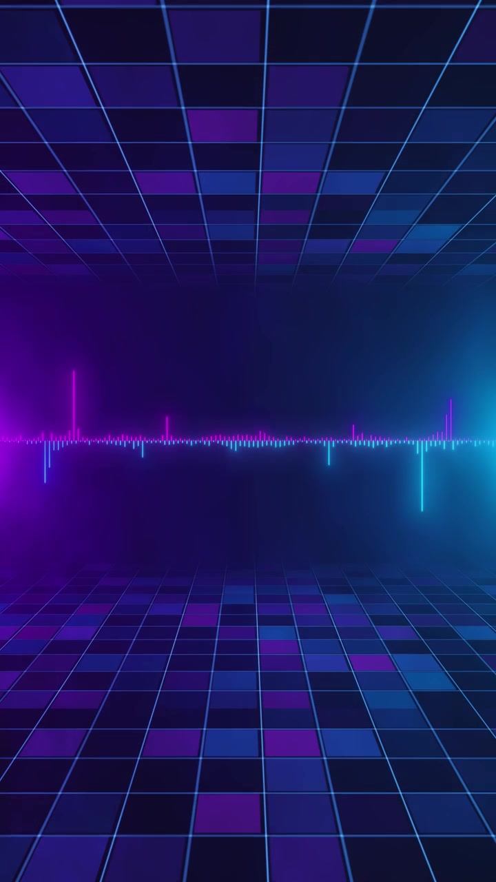 Sfondo a griglia equalizzatore neon retrò con piastrelle viola e ciano, barre audio luminose e scuro.