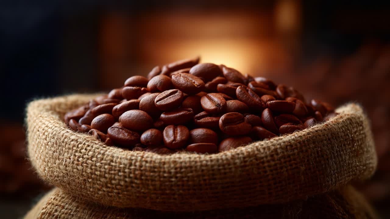 Chicchi di caffè tostati intensamente, adagiati in un sacco di iuta naturale, che mostrano il calore e la profondità del loro aroma su uno sfondo leggermente illuminato